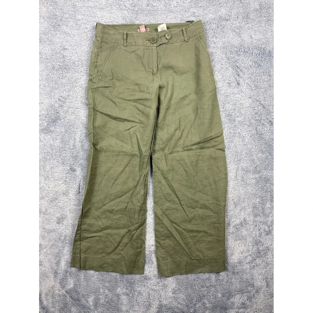 H&M Womens 10 Green Linen Wide Leg Pants Mid Rise Utility Pockets Casual Summer